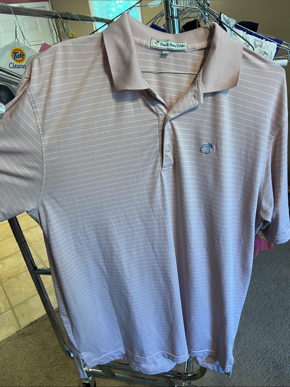Men’s Light Pink Stripe Polo Shirt peach state pride